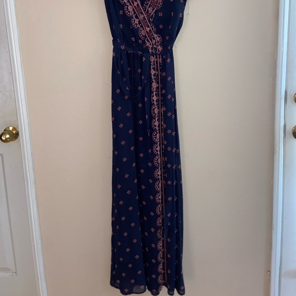 Faux wrap dress long hood core v neck y2k tie front blue beautiful short sleeve - Picture 5 of 14